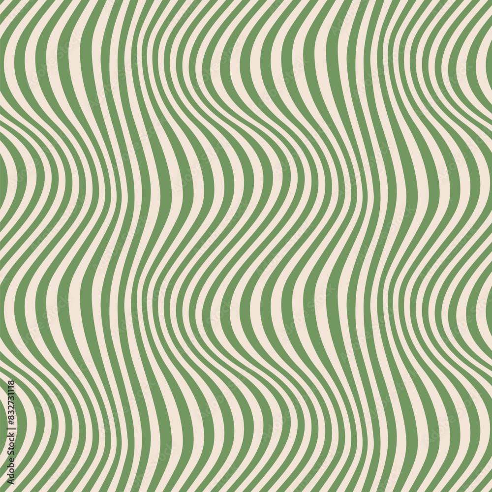 Groovy vector seamless pattern with curved lines, wavy stripes, waves. Beige and green distorted background. Dynamical rippled texture, 3D effect, illusion of movement. Abstract repeated geo design Groovy vector seamless pattern with curved lines, wavy stripes, waves. Beige and green distorted background. Dynamical rippled texture, 3D effect, illusion of movement. Abstract repeated geo design