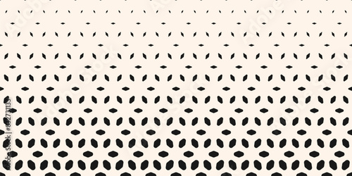 Vector halftone texture. Horizontally seamless pattern. Black and white border with gradient transition effect. Minimalist geometric background with floral shapes, leaves, diamonds. Abstract design