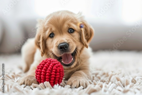 Playful golden retriever puppy with big, curious eyes chewing on red toy while sitting on fluffy rug photo