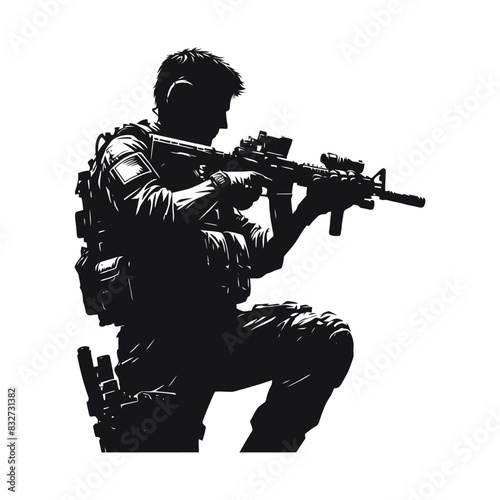 Vector soldiers with guns and backpacks silhouette design template illustration