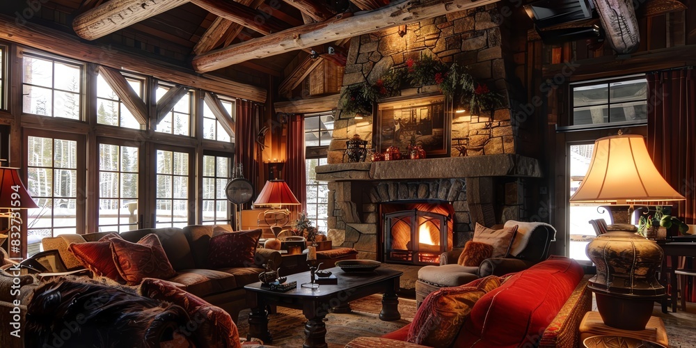 Rustic living room with a stone fireplace, wooden beams, and cozy furnishings Rustic living room with a stone fireplace, wooden beams, and cozy furnishings