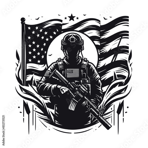 Vector soldiers with guns and backpacks silhouette design template illustration