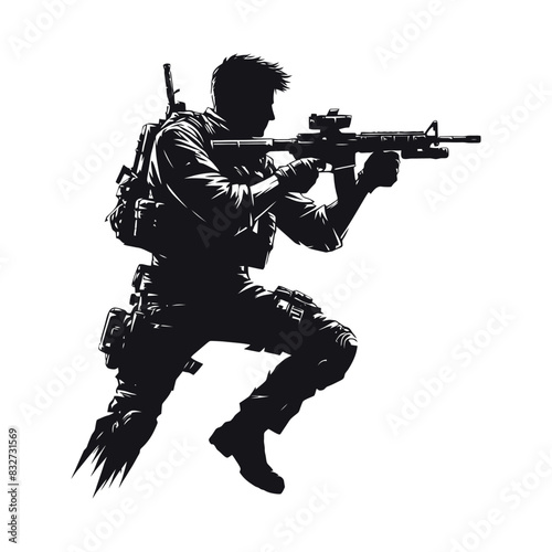 Vector soldiers with guns and backpacks silhouette design template illustration