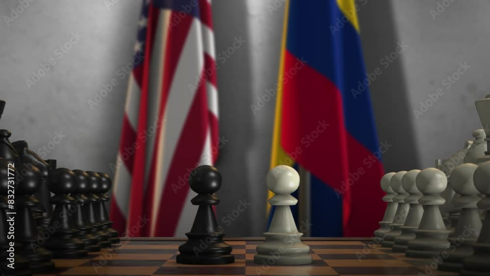Colombia and USA National Flags with Chess Board Animation. Politics of Government or Conflict of Countries Concept Colombia and USA National Flags with Chess Board Animation. Politics of Government or Conflict of Countries Concept