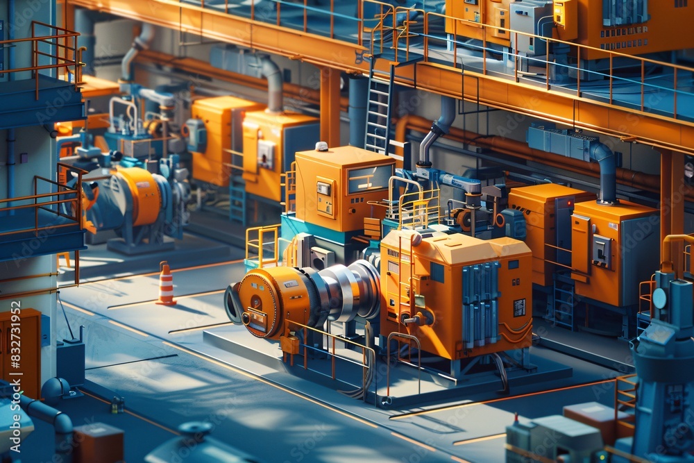 Multiple orange machines at factory with safety cones