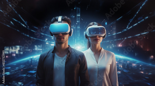 couple with VR goggles, immersing in virtual reality, photo realistic illustration