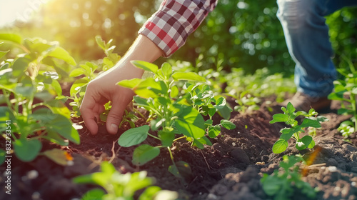 man hands panting by hand little green growing buds in fertile soil.