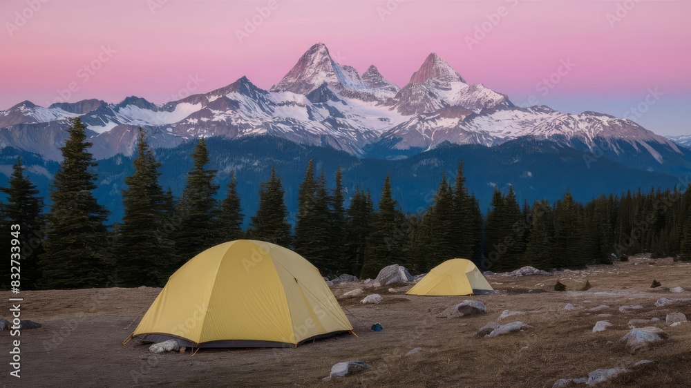 A picturesque campsite situated at the base of majestic snow-capped mountain peaks, offering a peaceful and tranquil retreat amidst the beauty of nature's wilderness.