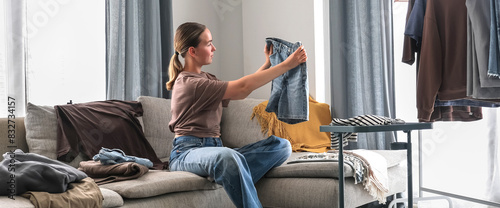 Second hand clothes, used wardrobe. Circular fashion, fast fashion, eco-friendly sustainable shopping, clothing recycling, top view,eco friendly, retail,no waste