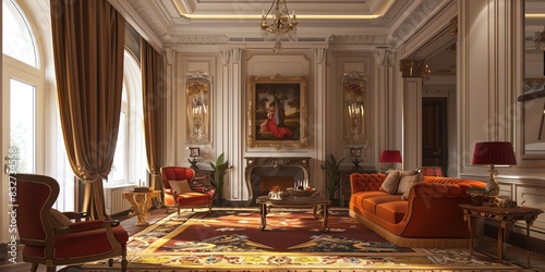 Sophisticated sitting room design in an apartment with classic furniture, a fireplace, and tasteful art