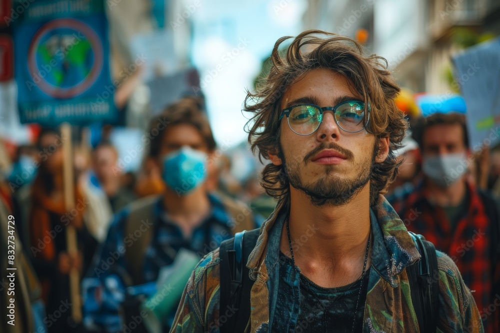 Young man at climate protest with crowd in background Young man at climate protest with crowd in background