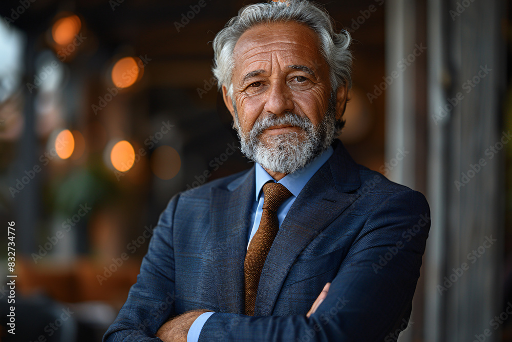 Elegant older man with grey hair and beard, wearing a blue suit and brown tie, standing indoors with arms crossed. Elegant older man with grey hair and beard, wearing a blue suit and brown tie, standing indoors with arms crossed.