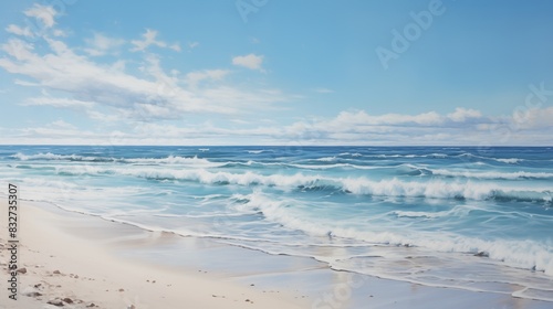 A serene beach scene with gentle waves and clear blue sky