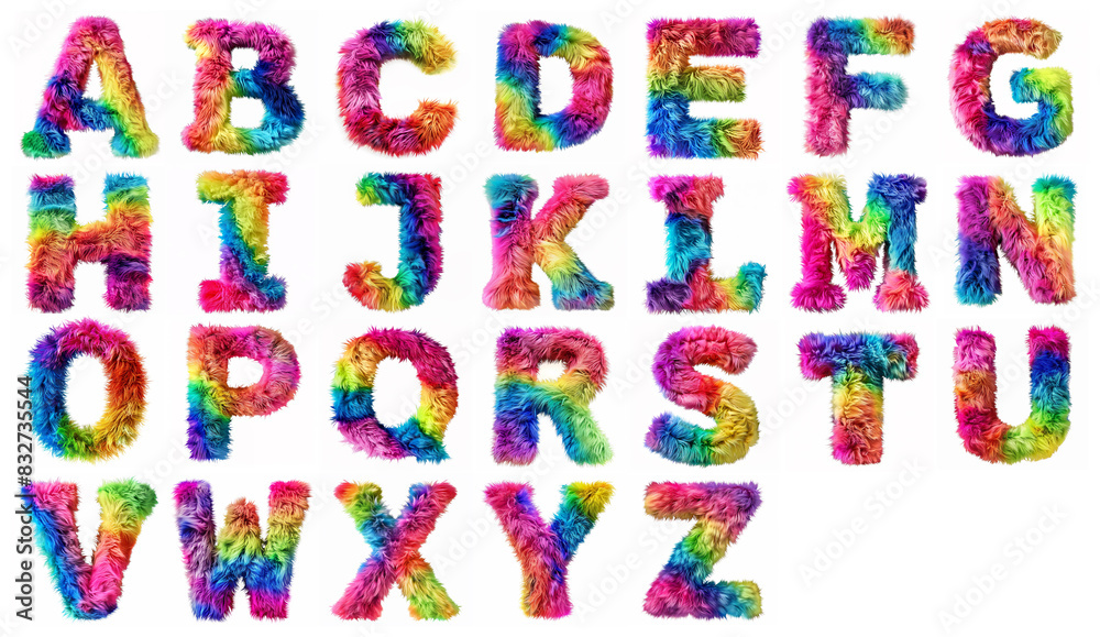 The colorful alphabet is furry, hairy, and fluffy. Rainbow. motives The colorful alphabet is furry, hairy, and fluffy. Rainbow. motives
