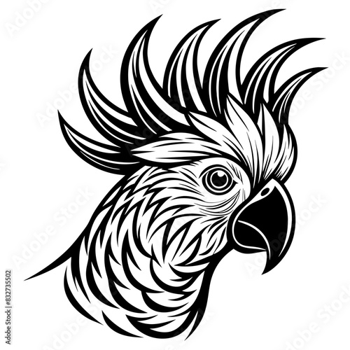 Detailed vector illustration of a cockatoo head with intricate feather patterns in black