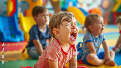 A crying child in a pink blouse with tears on his cheeks in kindergarten. There are several children in the background. Dissatisfied child, resentment. Copy space