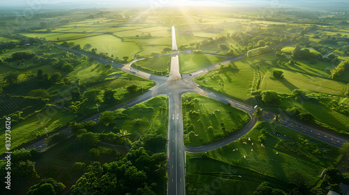 Fototapeta Naklejka Na Ścianę i Meble -  Crossroad in the middle of the green fields, with 4 streets coming together. There are animals in the fields and trees and birds flying in the sky, wide angle lens, sunlight