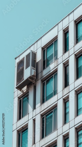 Air conditioner unit on a high-rise building facade. Urban cooling and ventilation system concept