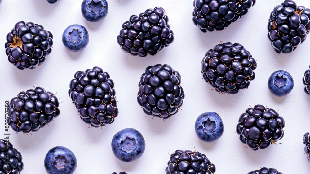 Blackberries and blueberries in a pattern on a white background A close up view Blackberries and blueberries in a pattern on a white background A close up view