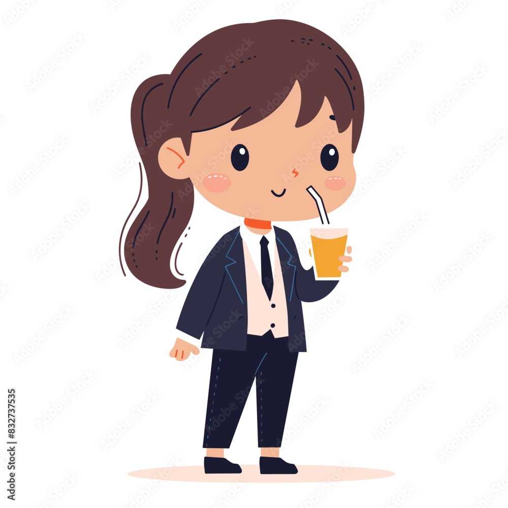 vector little girl drinks juice from a glass from a straw on a white background .Generative AI vector little girl drinks juice from a glass from a straw on a white background .Generative AI
