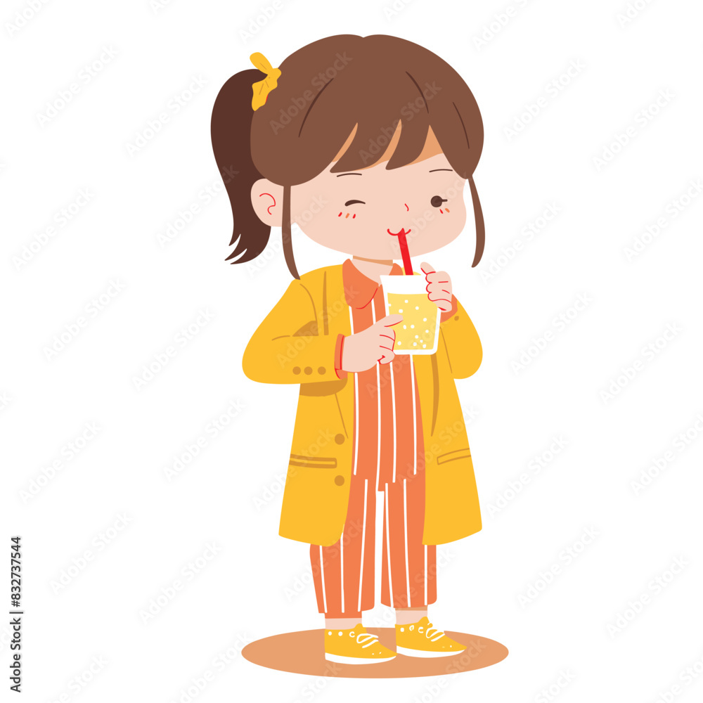 vector little girl drinks juice from a glass from a straw on a white background .Generative AI vector little girl drinks juice from a glass from a straw on a white background .Generative AI
