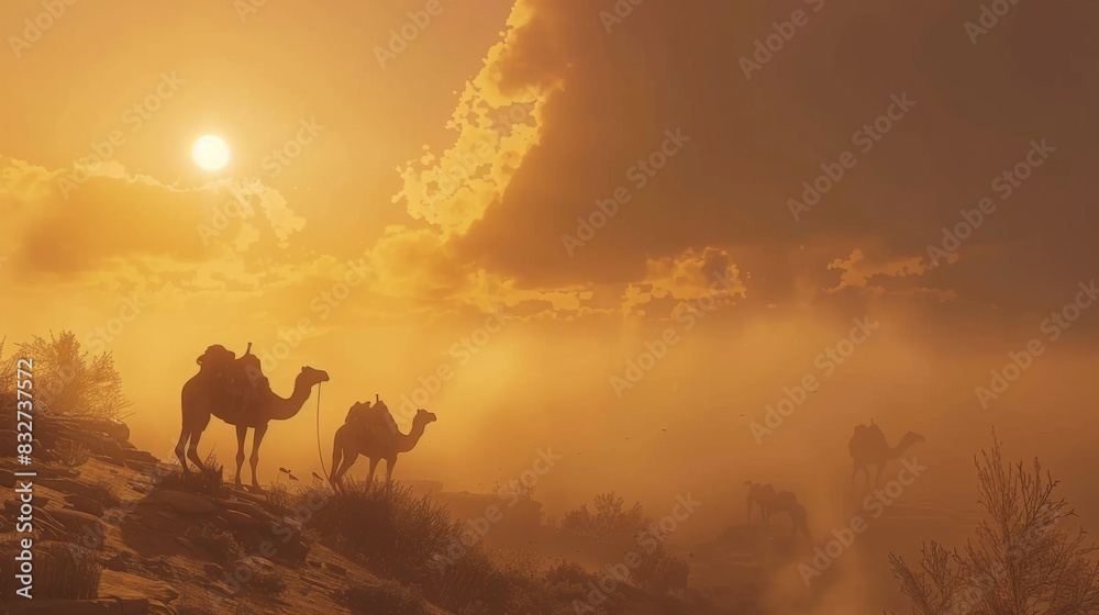 Serenity in the Sands: Camels Silhouetted Against Desert Horizon Serenity in the Sands: Camels Silhouetted Against Desert Horizon