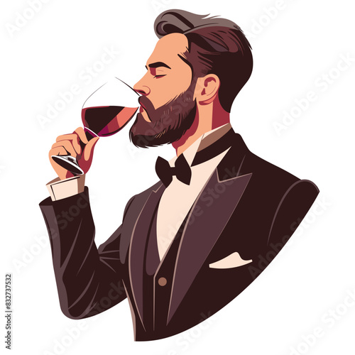 vector man drinks wine from a glass on a white background .Generative AI