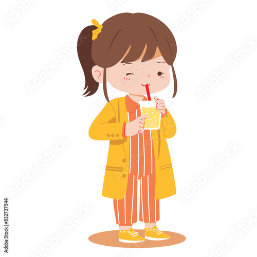 vector little girl drinks juice from a glass from a straw on a white background .Generative AI