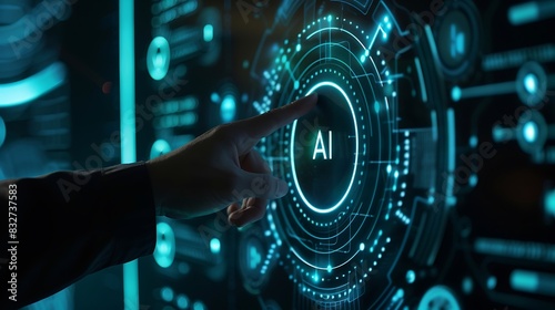 Photo of a businessman finger pointing at an AI icon with a futuristic hologram screen background and text  AI  in the center