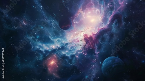 Digital artwork of outer space with galaxies, planets, star clusters, and nebulae, focusing on a cosmic environment photo