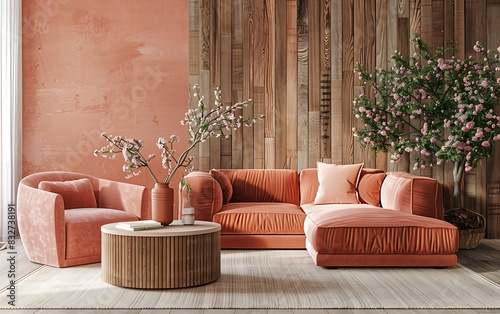 3D rendering of a peach colored modern living room interior with a wooden wall and sofa, armchair, and coffee table