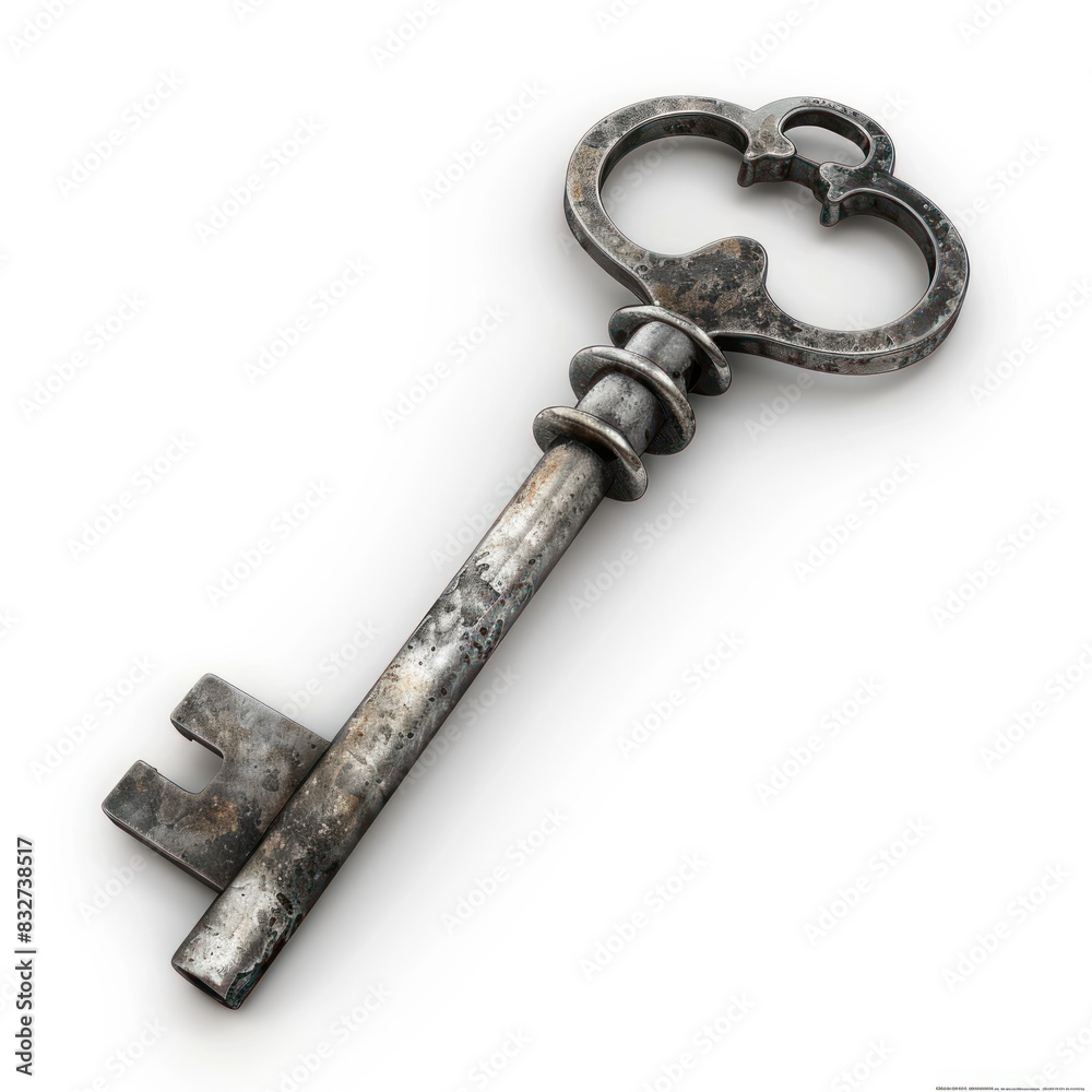 High-resolution image of a key isolated on a white background, showcasing its design and features. High-resolution image of a key isolated on a white background, showcasing its design and features.