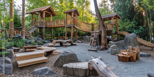 Natureinspired playground with treehouse structures, wooden bridges, and natural elements