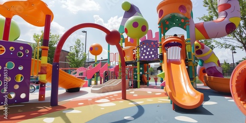 Playground with a colorful, whimsical design, featuring unique play structures and bright decorations