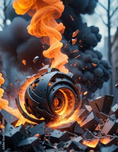 A futuristic robotic sphere emerges from a fiery explosion, surrounded by debris and flames. The high-tech device, glowing with intense heat, hints at advanced technology and potential destruction
