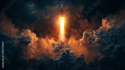 a sleek rocket soaring through the sky, its metallic body gleaming against the backdrop of voluminous clouds
 photo