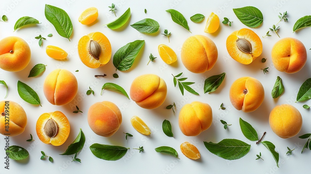 Apricot halves with leaves on white surface Apricot halves with leaves on white surface