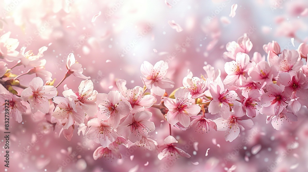 Close-up of pink flowers on a branch with water droplets on petals and blurred background Close-up of pink flowers on a branch with water droplets on petals and blurred background