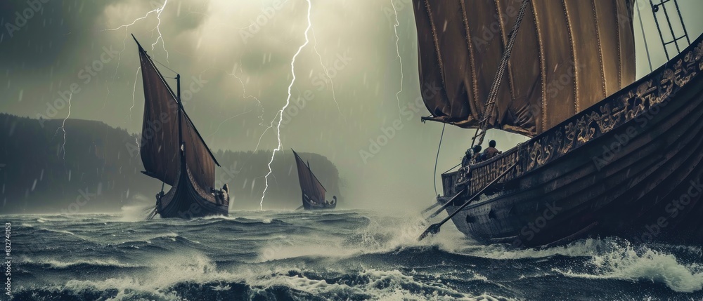 Viking ship. Drakkar. Viking ship sailing in storm at sea. Viking boat ...