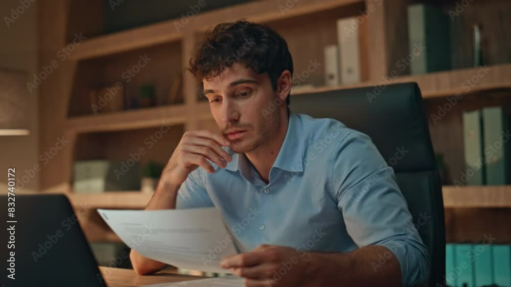 Online consultant discussing report sitting late evening workplace close up. Online consultant discussing report sitting late evening workplace close up.