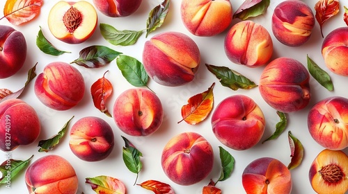   A collection of peaches resting on a table  surrounded by fallen leaves and a partially eaten piece of fruit