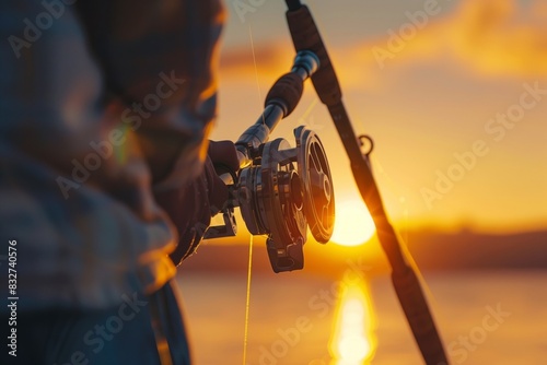 Fishing Rod Closeup with Man By Beautiful Sunrise