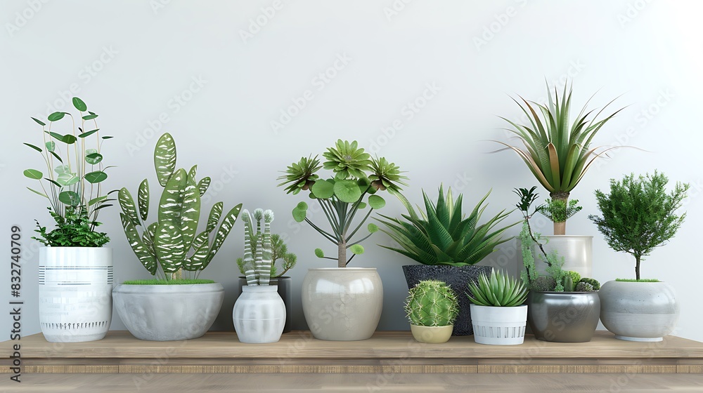 3D rendering of various indoor plants in pots and on a wooden sideboard against a white background, featuring green houseplants for indoor decor and decoration design concepts 3D rendering of various indoor plants in pots and on a wooden sideboard against a white background, featuring green houseplants for indoor decor and decoration design concepts