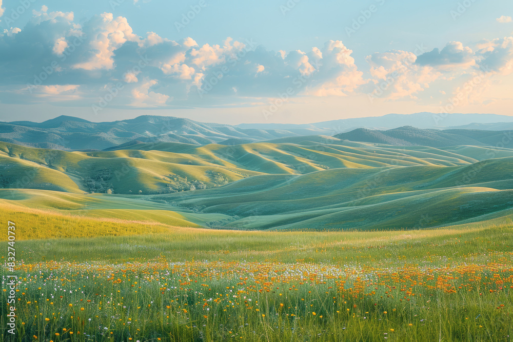 Obraz premium Musical notes weaving through a dreamy landscape of rolling hills and pastel skies,