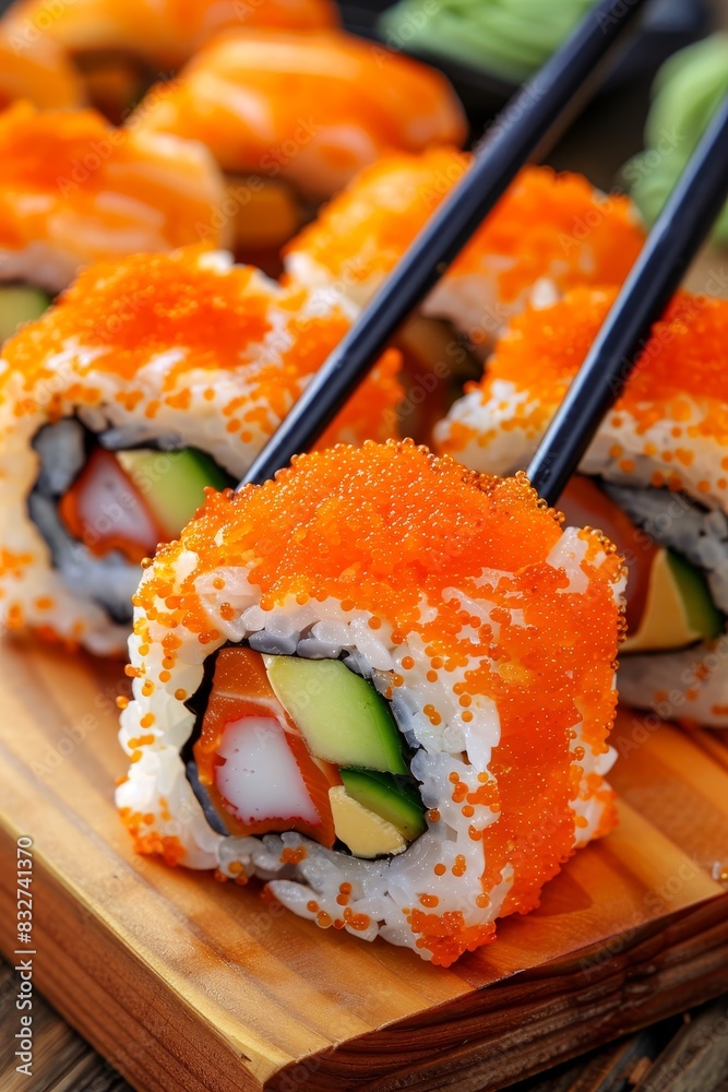 Macro shot of sushi being held with chopsticks, blurred background with space for text Macro shot of sushi being held with chopsticks, blurred background with space for text