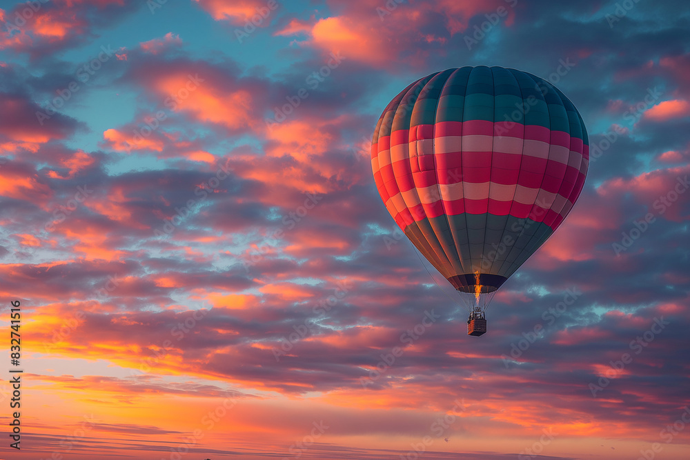 A hot air balloon silhouetted against a vibrant sunset sky, with hues of orange, pink, and purple blending together. A hot air balloon silhouetted against a vibrant sunset sky, with hues of orange, pink, and purple blending together.