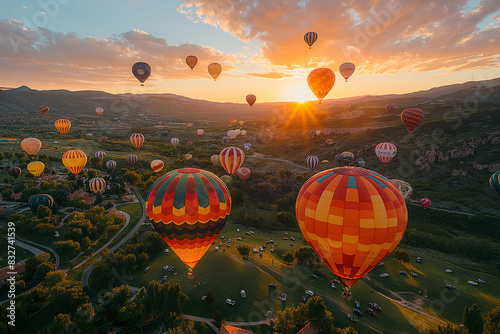 A panoramic shot of a hot air balloon festival, with dozens of balloons in various shapes and colors filling the sky above a picturesque valley. photo
