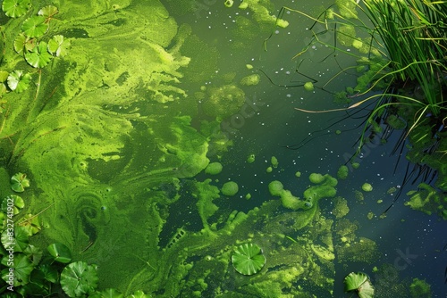 Filamentous Algae: Green Blanket on Duck Pond Surface photo