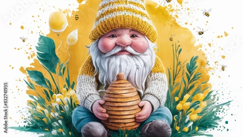 A dwarf in a yellow and white knitted outfit holding a beehive in his hands. photo