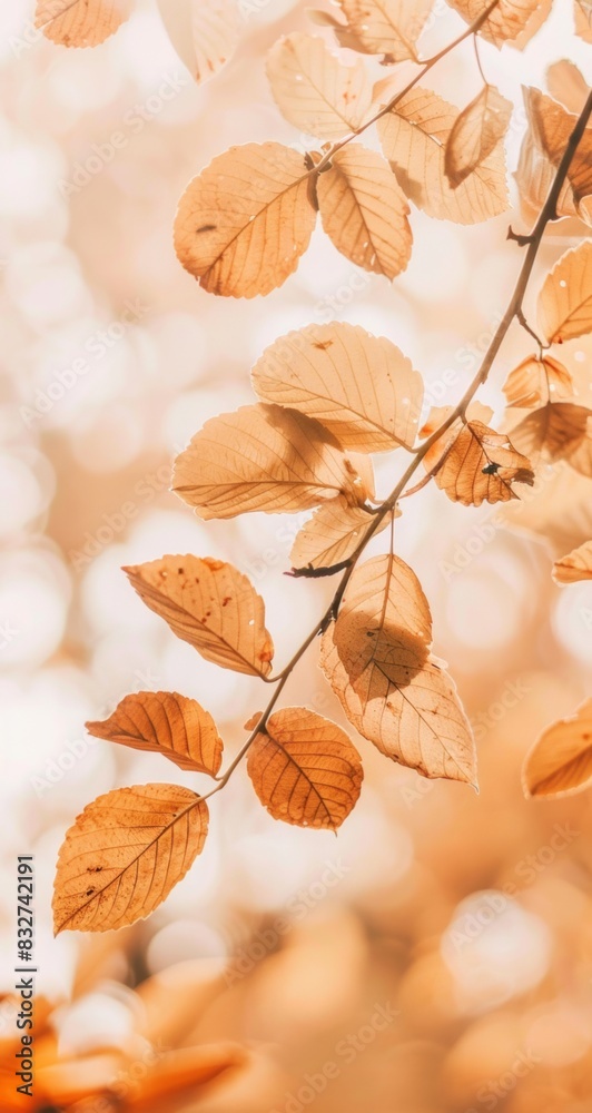 A branch with dry leaves is set against a warm toned bokeh background suggestive of autumn A branch with dry leaves is set against a warm toned bokeh background suggestive of autumn